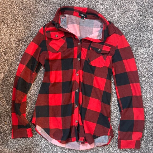 Fashion Model brand stretchy red & black plaid button-up - Picture 1 of 3